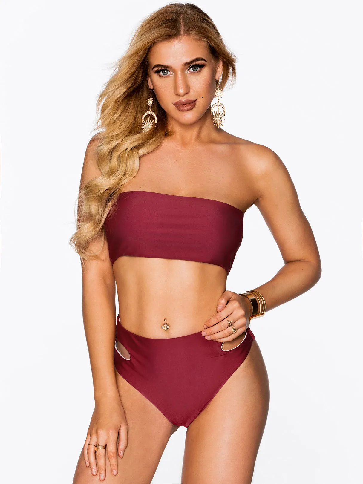 Wholesale Off The Shoulder Sleeveless Cut Out Bodycon High Waist 2 Piece Bikinis