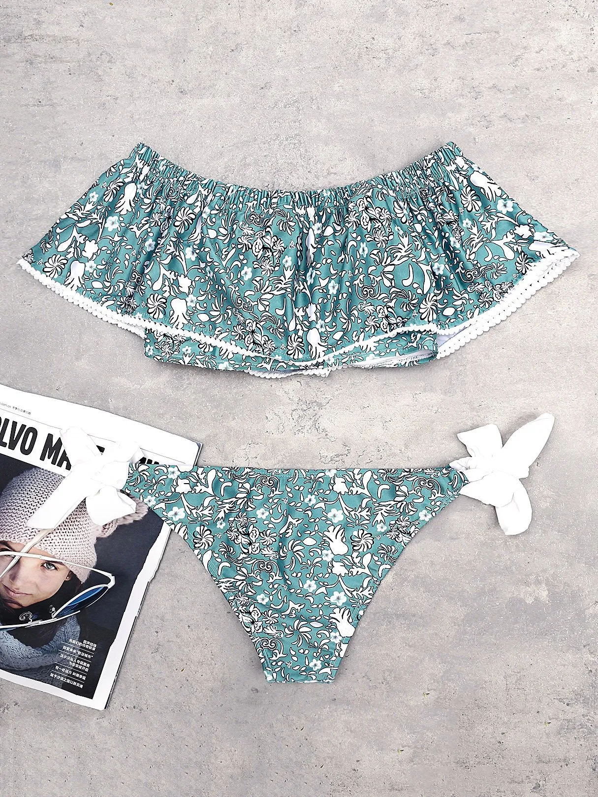 Wholesale Off The Shoulder Sleeveless Floral Print Tiered Bikinis