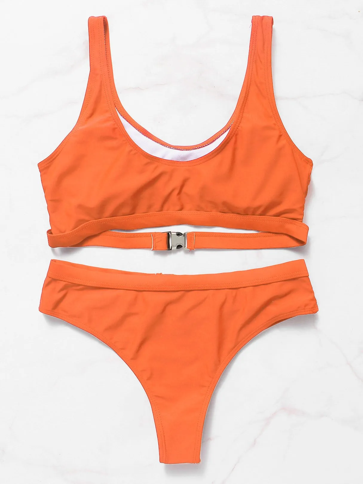 Wholesale Orange Scoop Neck Plain High Waist 2 Piece Bikinis