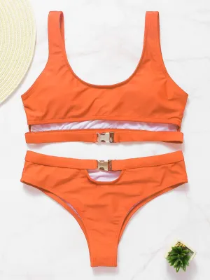 Wholesale Orange Scoop Neck Plain High Waist 2 Piece Bikinis
