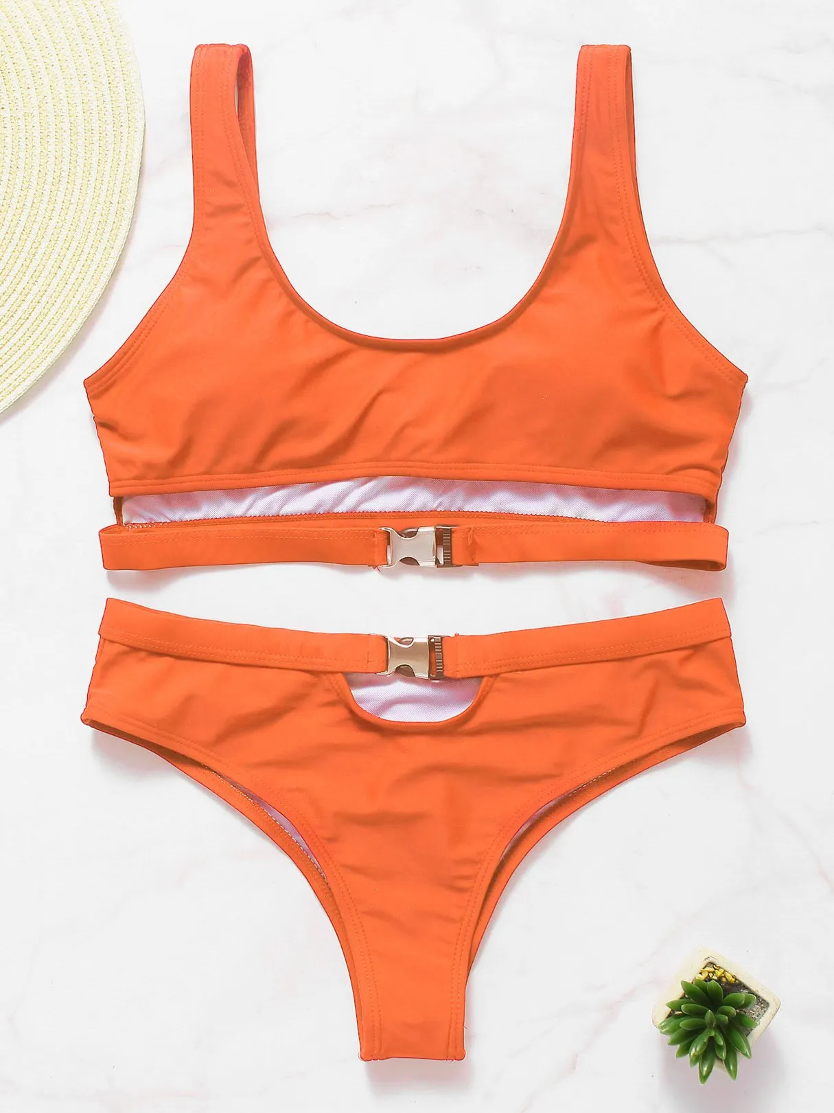 Wholesale Orange Scoop Neck Plain High Waist 2 Piece Bikinis