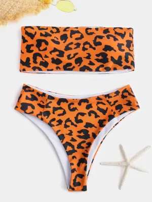 Wholesale Orange Strapless Sleeveless Leopard High-Waisted Bikinis