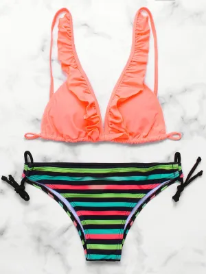 Wholesale Orange V-Neck Sleeveless Stripe Self-Tie Bikinis
