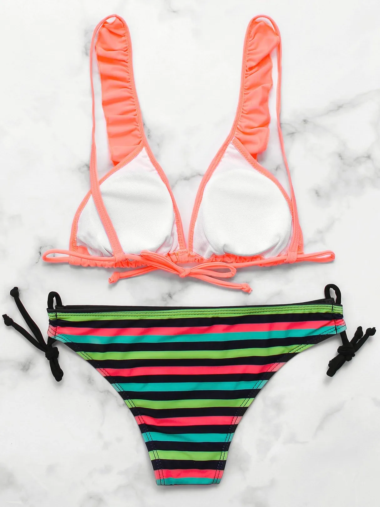 Wholesale Orange V-Neck Sleeveless Stripe Self-Tie Bikinis