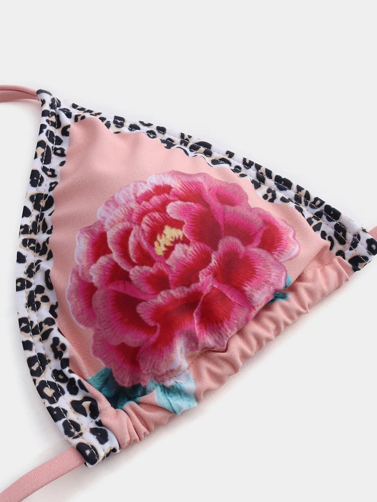 Wholesale Pink Halter Floral Print Backless Tie-Up Flounced Hem Bikini