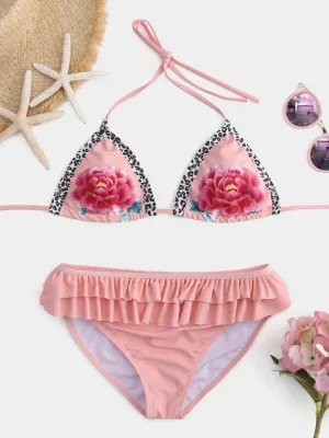Wholesale Pink Halter Floral Print Backless Tie-Up Flounced Hem Bikini