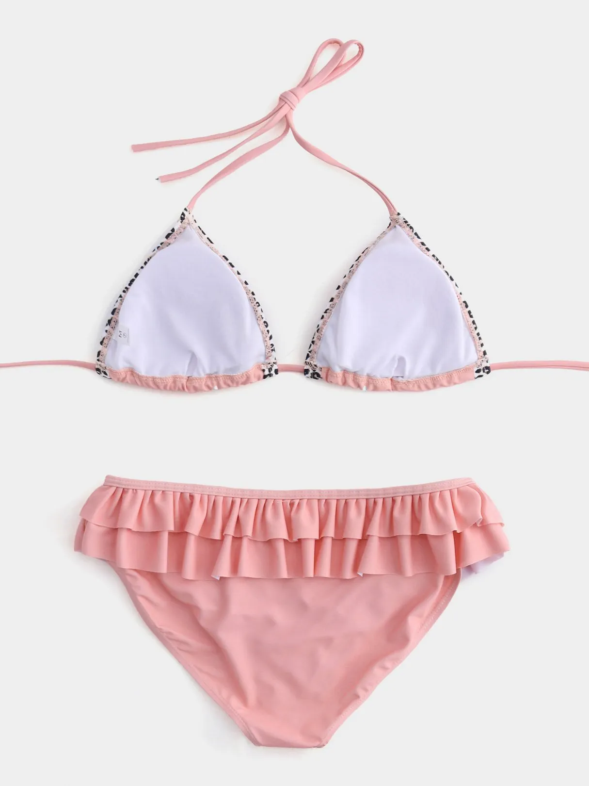 Wholesale Pink Halter Floral Print Backless Tie-Up Flounced Hem Bikini