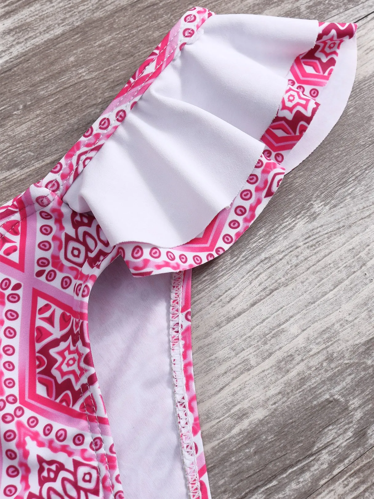 Wholesale Pink Halter Printed Self-Tie Ruffle Trim Bikini Sets
