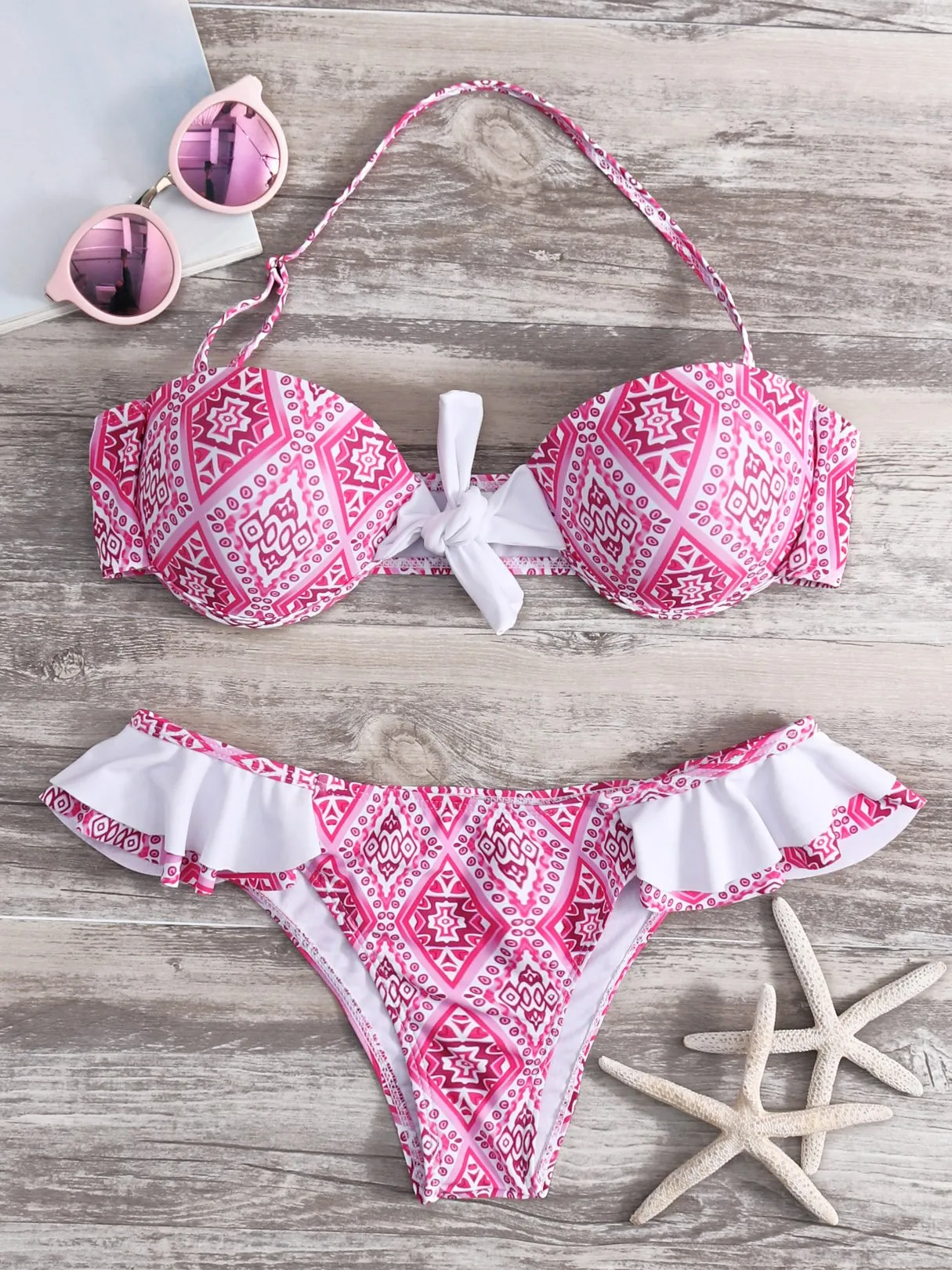 Wholesale Pink Halter Printed Self-Tie Ruffle Trim Bikini Sets