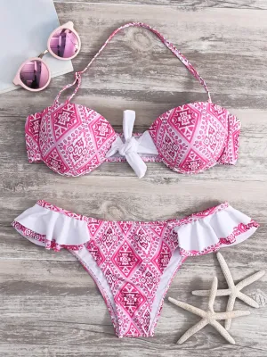 Wholesale Pink Halter Printed Self-Tie Ruffle Trim Bikini Sets