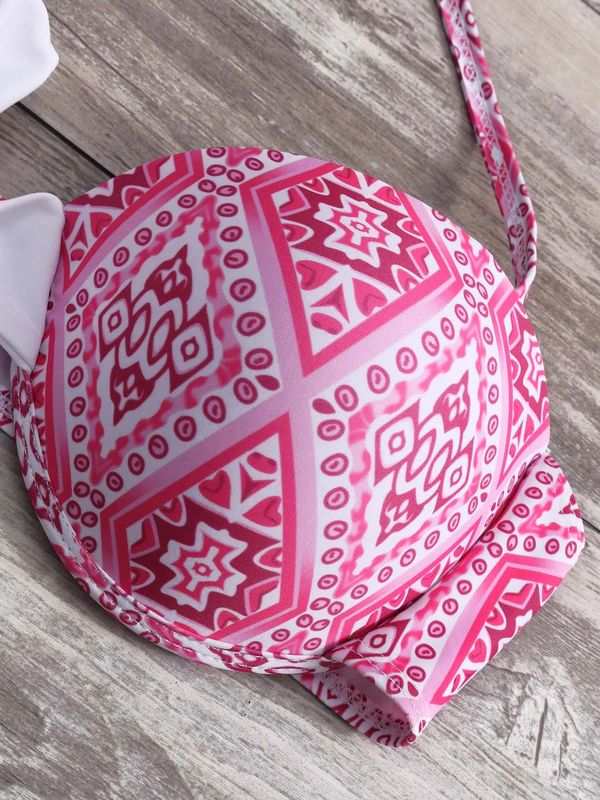 Wholesale Pink Halter Printed Self-Tie Ruffle Trim Bikini Sets