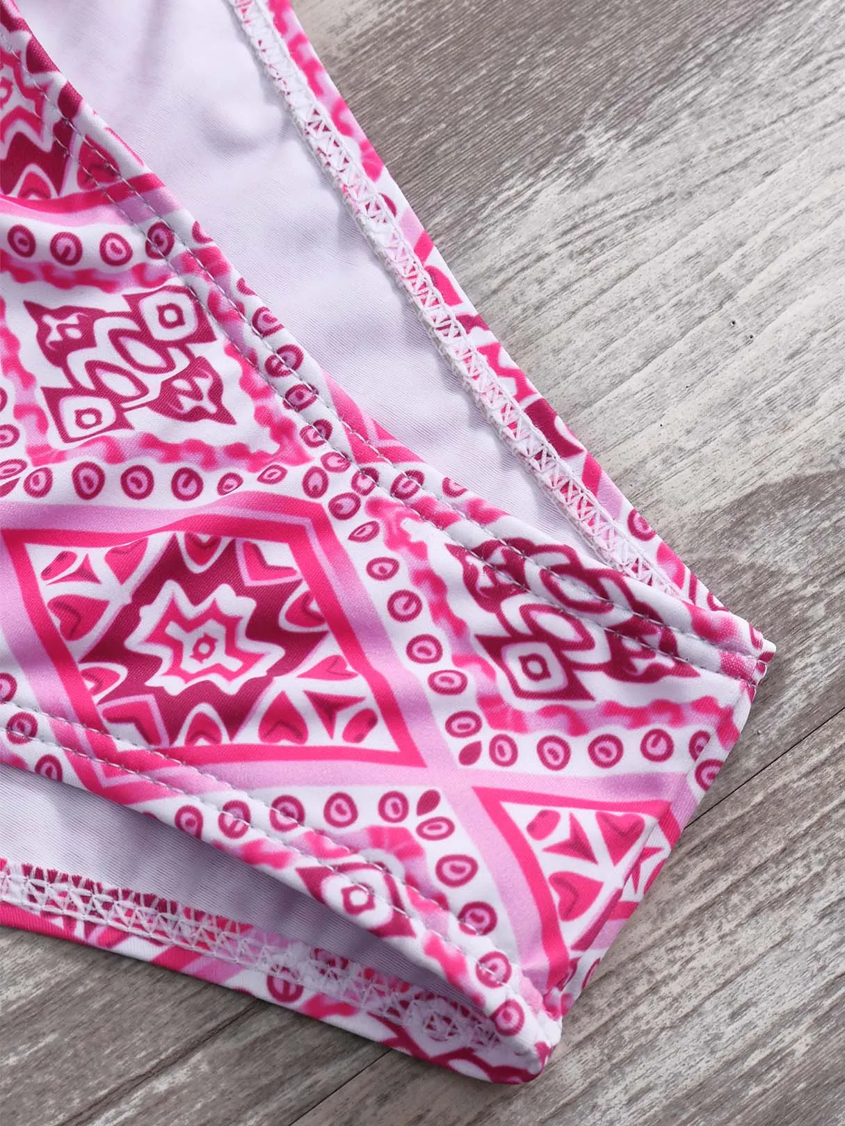 Wholesale Pink Halter Printed Self-Tie Ruffle Trim Bikini Sets