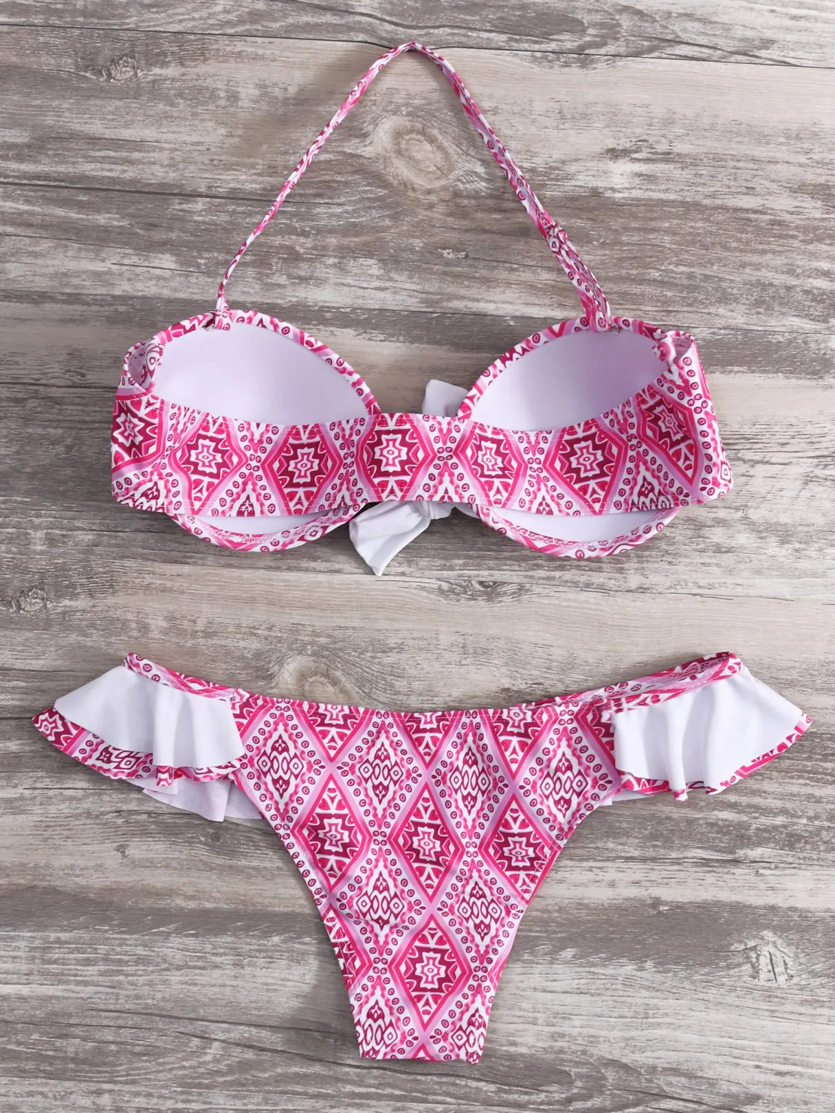 Wholesale Pink Halter Printed Self-Tie Ruffle Trim Two Piece Bikinis