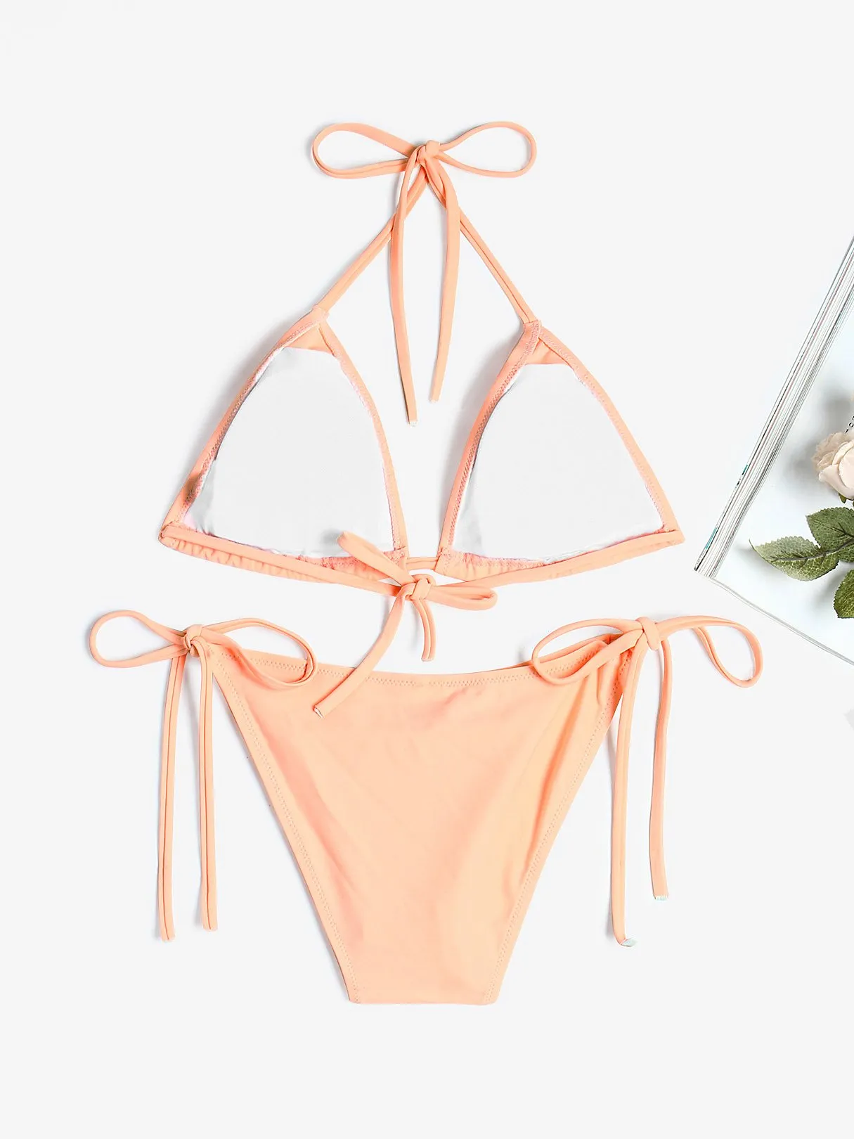Wholesale Pink Halter Sleeveless Lace-Up Wireless Bikinis