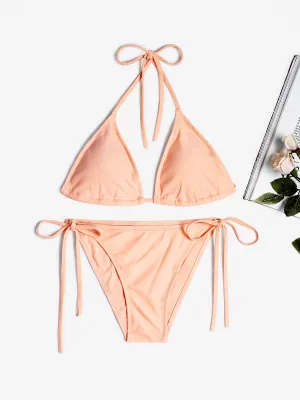 Wholesale Pink Halter Sleeveless Lace-Up Wireless Bikinis