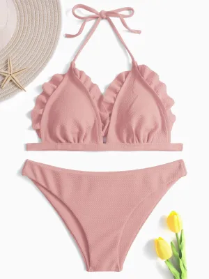 Wholesale Pink Halter V-Neck Sleeveless Backless Bodycon Two Piece Bikinis