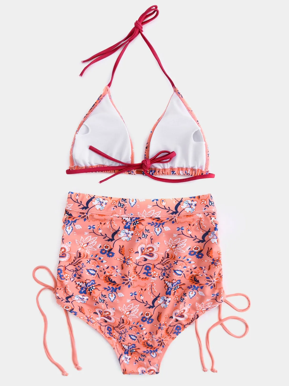 Wholesale Pink Halter V-Neck Sleeveless Floral Print Criss-Cross Tie-Up High-Waisted Bikini Swimsuit