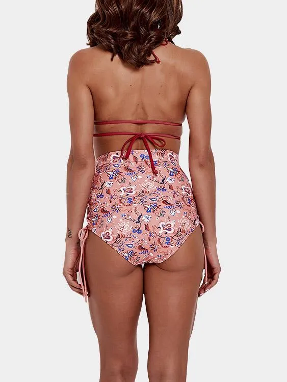 Wholesale Pink Halter V-Neck Sleeveless Floral Print Criss-Cross Tie-Up High-Waisted Bikini Swimsuit