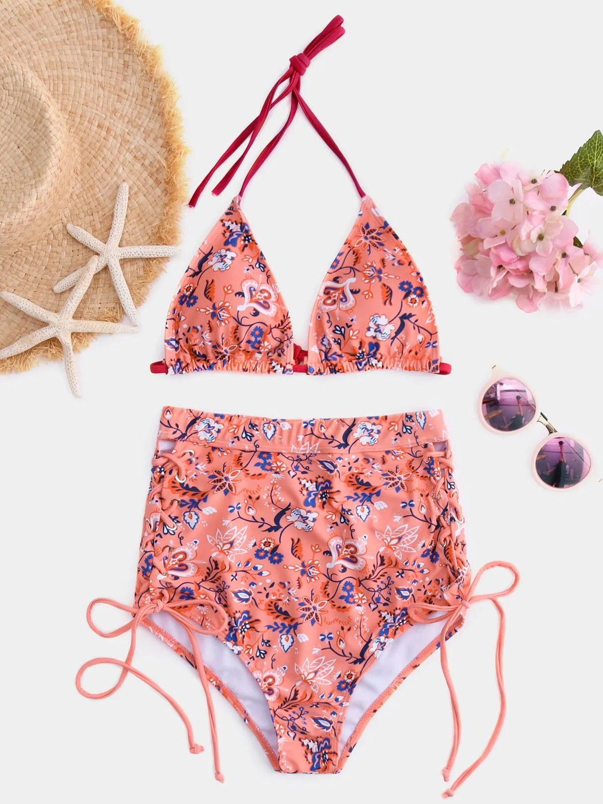 Wholesale Pink Halter V-Neck Sleeveless Floral Print Criss-Cross Tie-Up High-Waisted Bikini Swimsuit