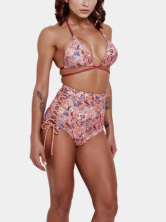 Wholesale Pink Halter V-Neck Sleeveless Floral Print Criss-Cross Tie-Up High-Waisted Bikini Swimsuit