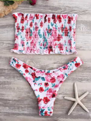Wholesale Pink Random Floral Print Elastic Strapless Sleeveless Bikinis