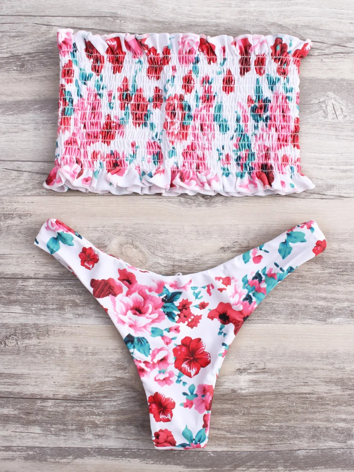 Wholesale Pink Random Floral Print Elastic Strapless Sleeveless Bikinis