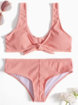 Wholesale Pink Scoop Neck Sleeveless Plain Lace-Up Stitching Hem Two Piece Bikinis