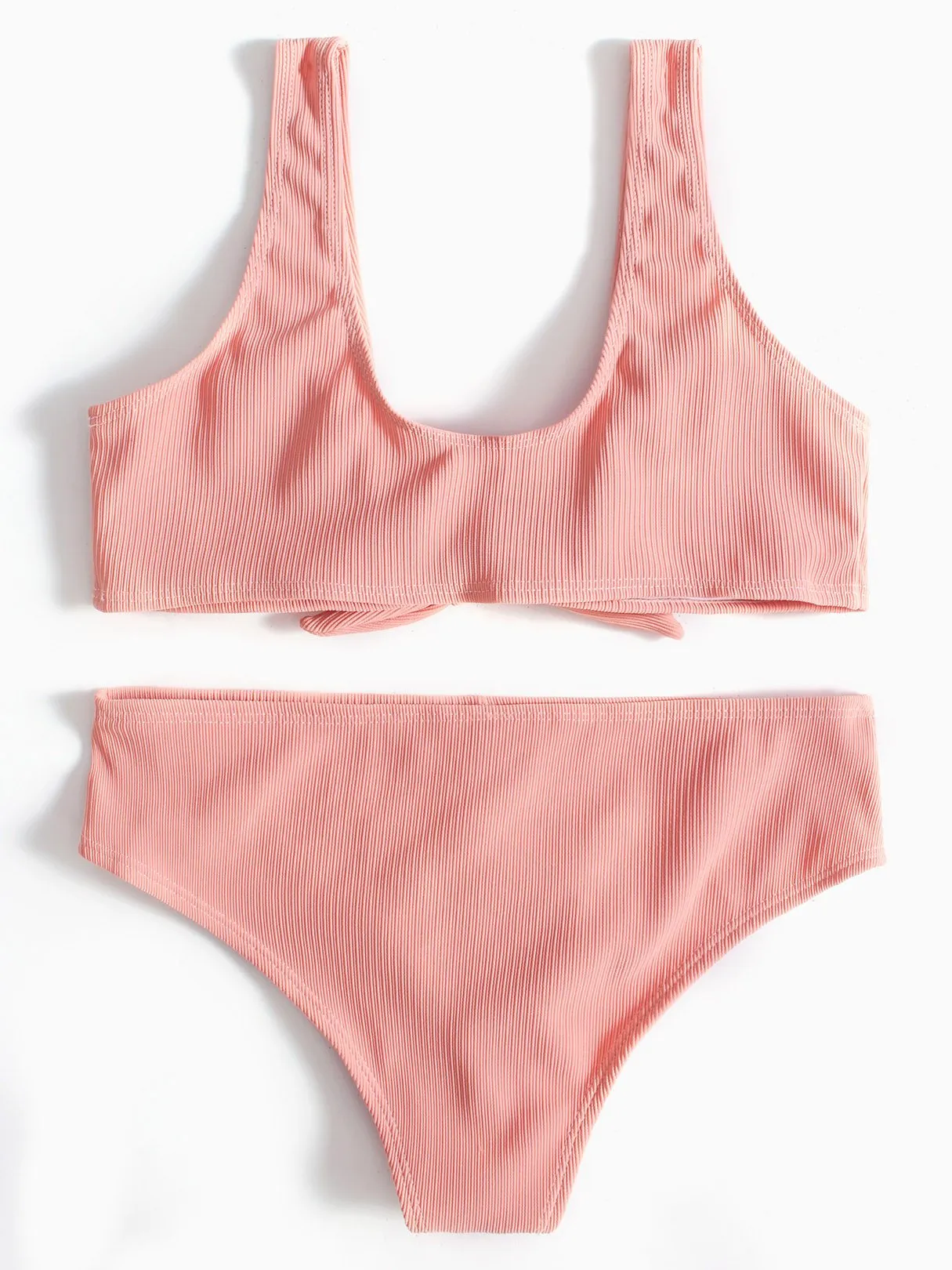 Wholesale Pink Scoop Neck Sleeveless Plain Lace-Up Stitching Hem Two Piece Bikinis