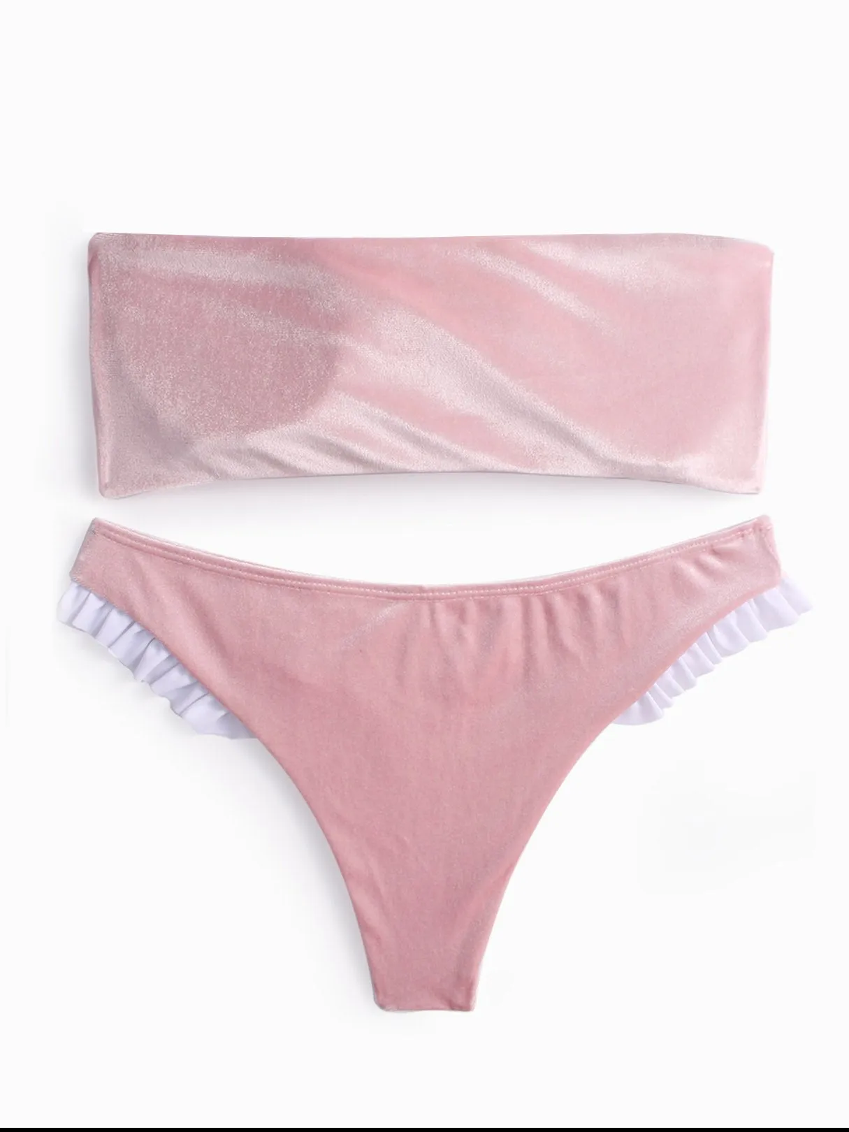 Wholesale Pink Strapless Off The Shoulder Sleeveless Plain Tie-Up Ruffle Trim Ruffle Hem Bikini Set Swimwear