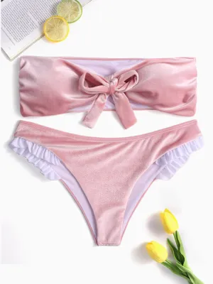 Wholesale Pink Strapless Off The Shoulder Sleeveless Plain Tie-Up Ruffle Trim Ruffle Hem Bikini Set Swimwear