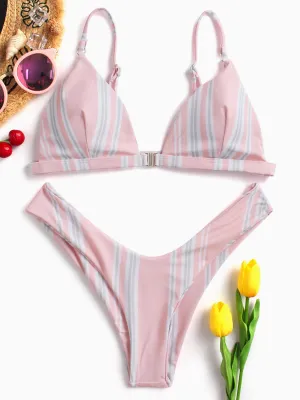 Wholesale Pink V-Neck Sleeveless Stripe Spaghetti Strap Bikinis