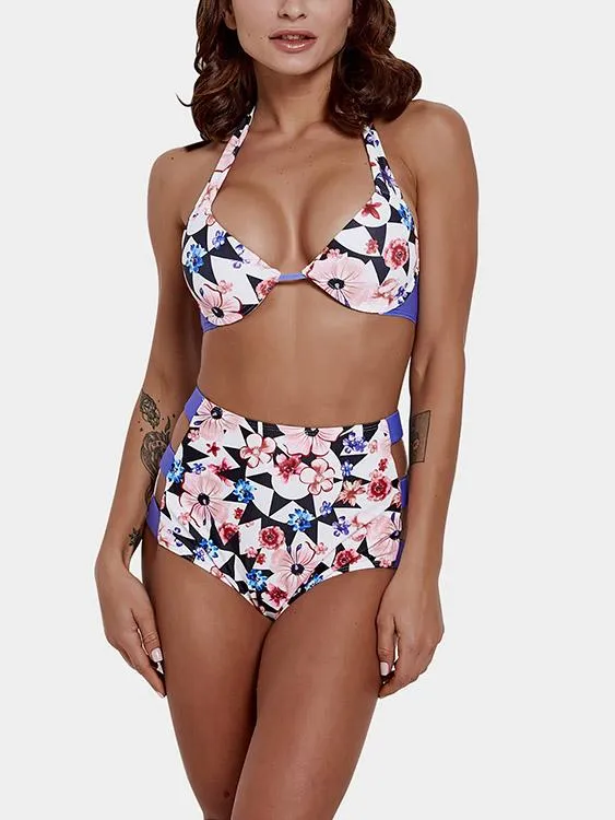 Wholesale Purple Halter Sleeveless Floral Print Cut Out Tie-Up High-Waisted Two Piece Bikinis