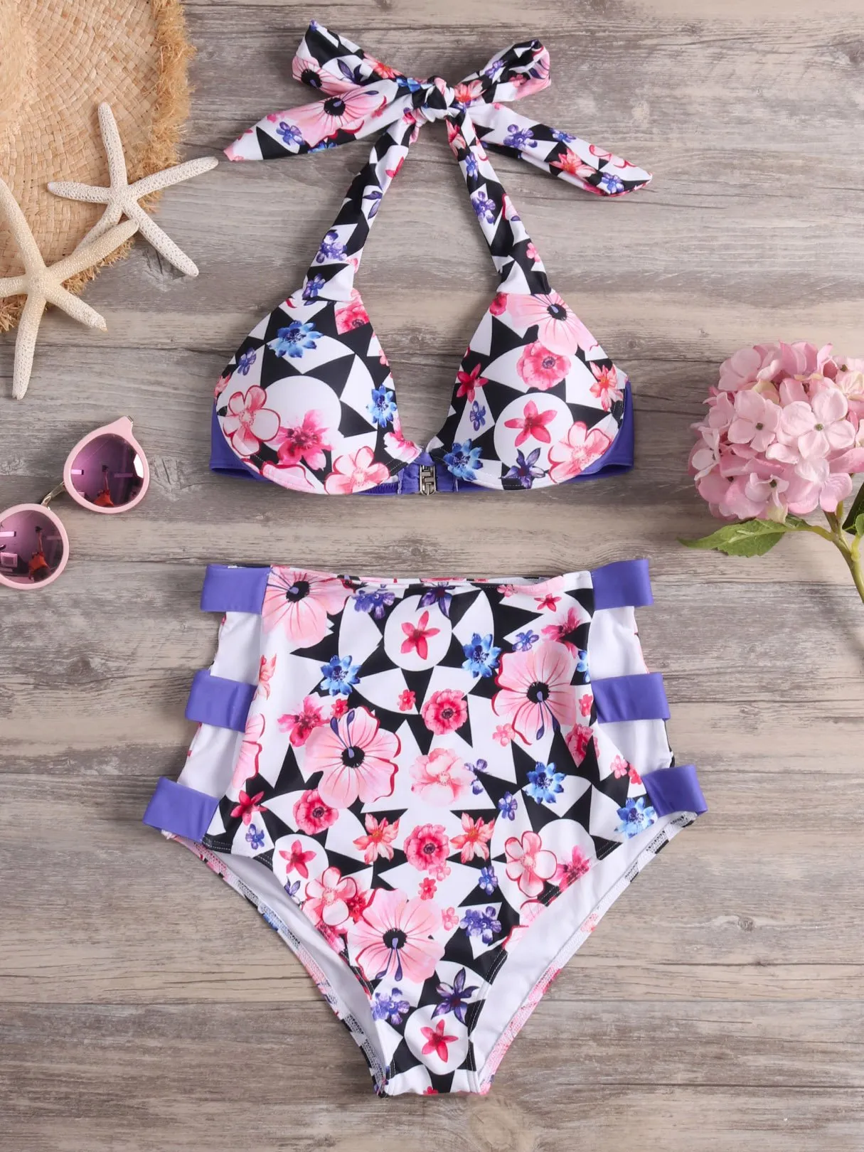 Wholesale Purple Halter Sleeveless Floral Print Cut Out Tie-Up High-Waisted Two Piece Bikinis