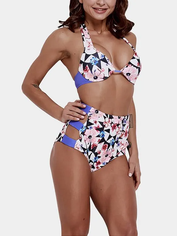 Wholesale Purple Halter Sleeveless Floral Print Cut Out Tie-Up High-Waisted Two Piece Bikinis
