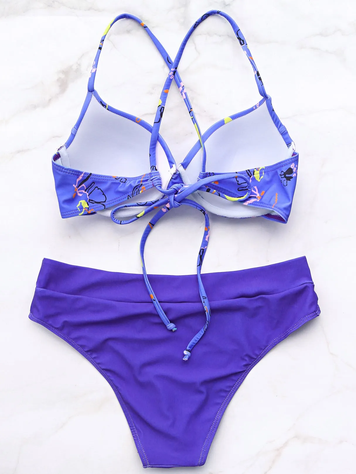 Wholesale Purple V-Neck Sleeveless Floral Print Criss-Cross Bikini Swimsuit