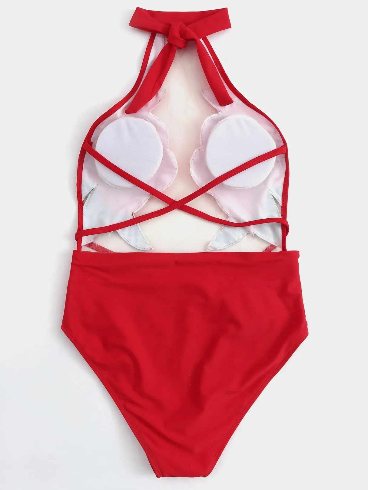 Wholesale Red Halter Sleeveless Floral Print Backless See Through Criss-Cross Tie-Up Bikinis