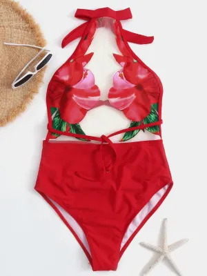 Wholesale Red Halter Sleeveless Floral Print Backless See Through Criss-Cross Tie-Up Bikinis