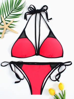 Wholesale Red Halter Sleeveless Lace-Up Two Piece Bikinis