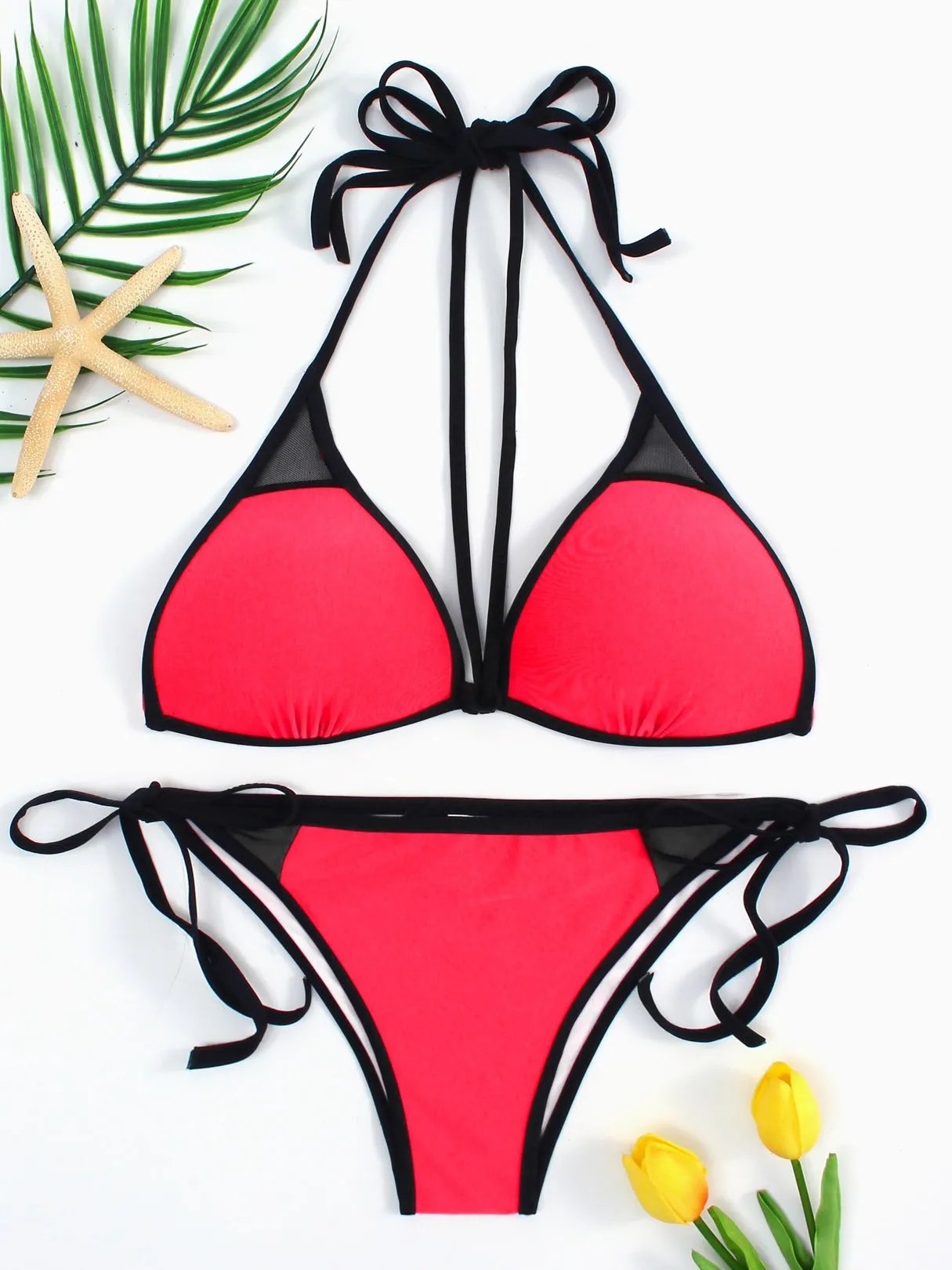 Wholesale Red Halter Sleeveless Lace-Up Two Piece Bikinis