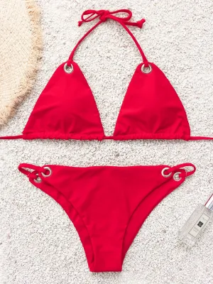 Wholesale Red Halter V-Neck Sleeveless Plain Tie-Up Bikinis