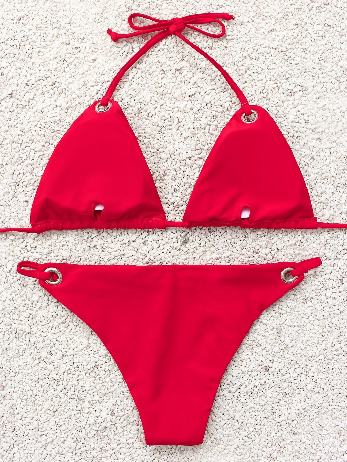 Wholesale Red Halter V-Neck Sleeveless Plain Tie-Up Bikinis