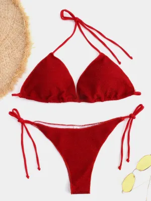 Wholesale Red Halter V-Neck Sleeveless Tie-Up Bikinis