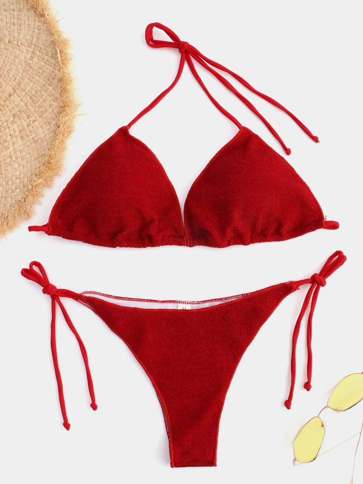 Wholesale Red Halter V-Neck Sleeveless Tie-Up Bikinis