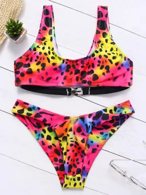 Wholesale Red Scoop Neck Sleeveless Leopard Fantasy Colour Bikinis