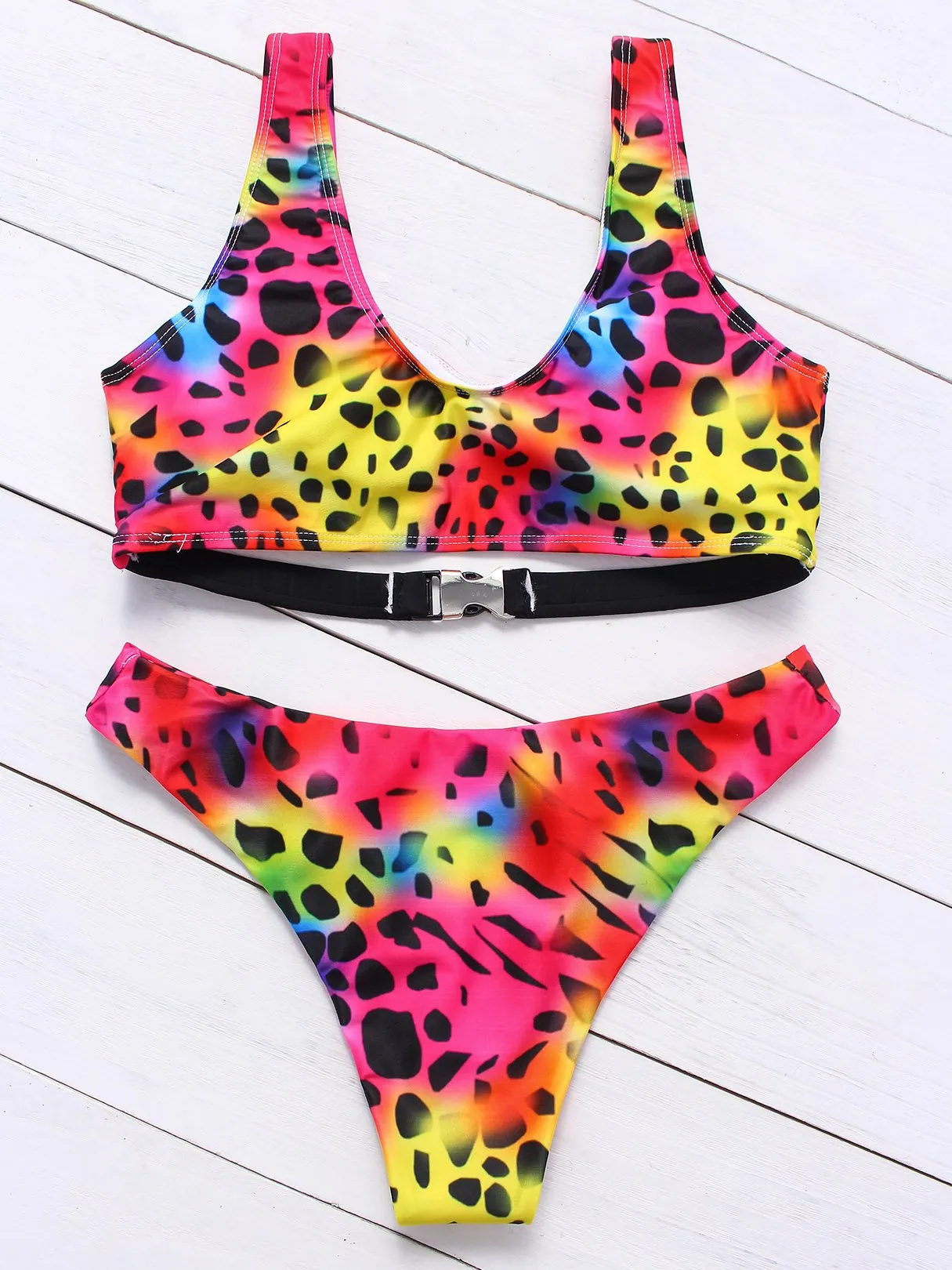 Wholesale Red Scoop Neck Sleeveless Leopard Fantasy Colour Bikinis