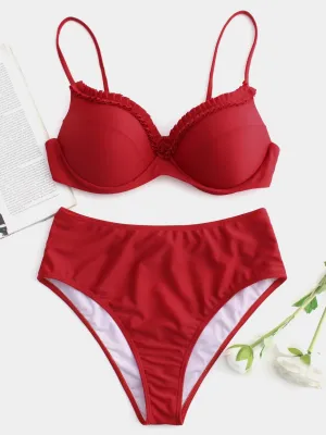 Wholesale Red Sleeveless Plain Ruffle Trim Bikini Sets