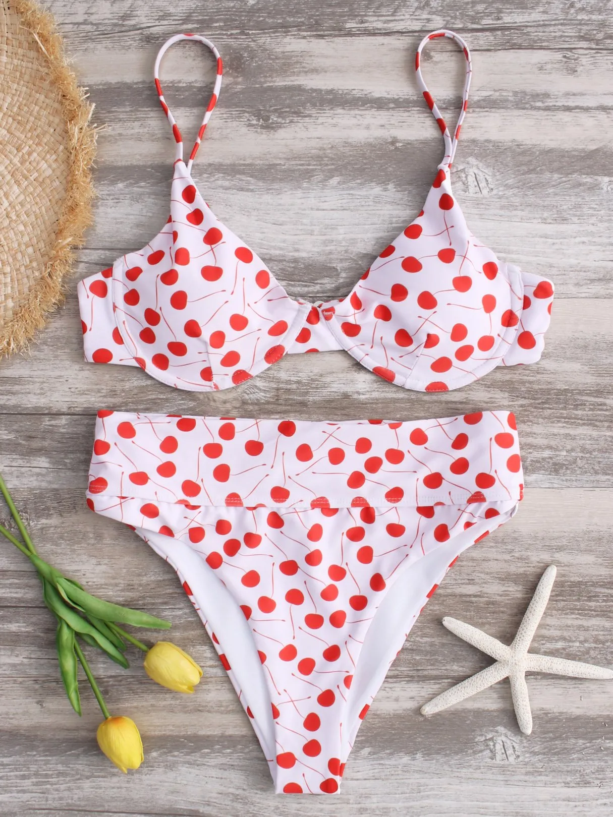 Wholesale Red V-Neck High Waist 2 Piece Bikini Set Swimwear