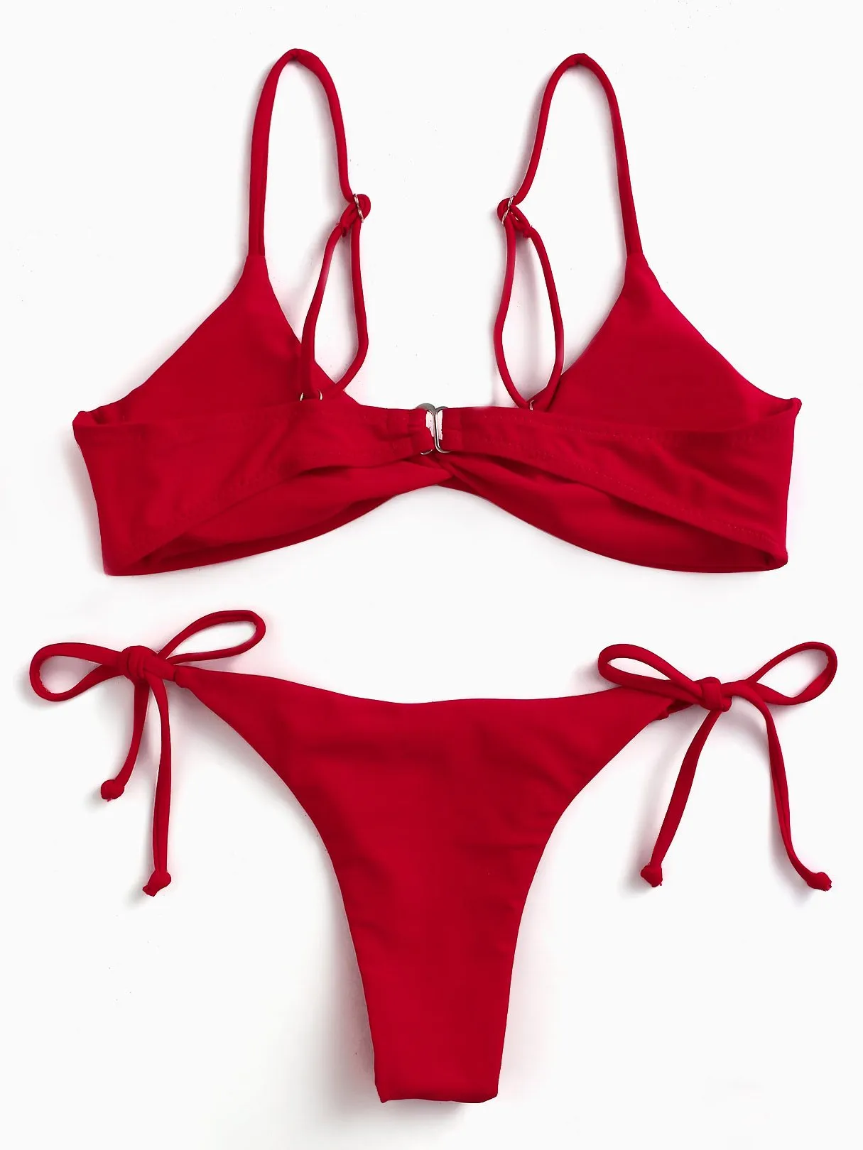 Wholesale Red V-Neck Plain Tie-Up High Waist Two Piece Bikinis