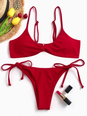 Wholesale Red V-Neck Plain Tie-Up High Waist Two Piece Bikinis