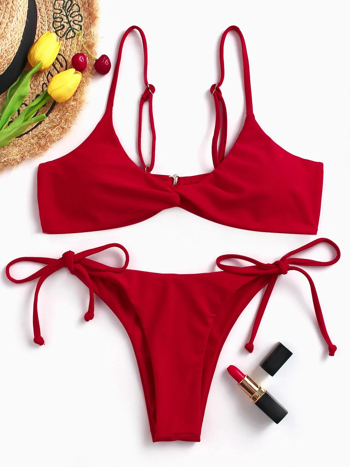 Wholesale Red V-Neck Plain Tie-Up High Waist Two Piece Bikinis